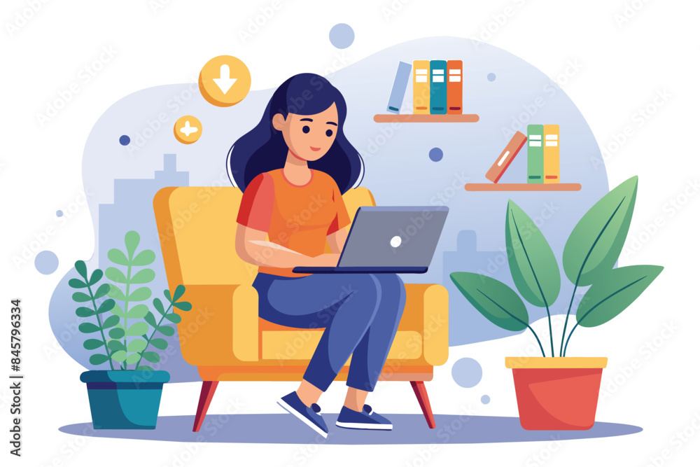 A woman sits in a comfortable yellow chair, working on her laptop computer in a home office setting. A woman sits in a comfortable yellow chair, working on her laptop computer in a home office setting.