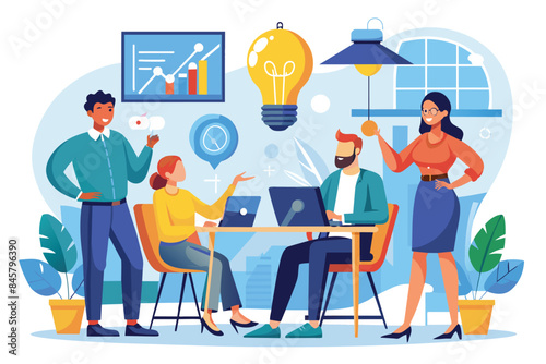 A diverse team of four people collaborates on a project in a modern office setting, with a large light bulb symbolizing innovation.