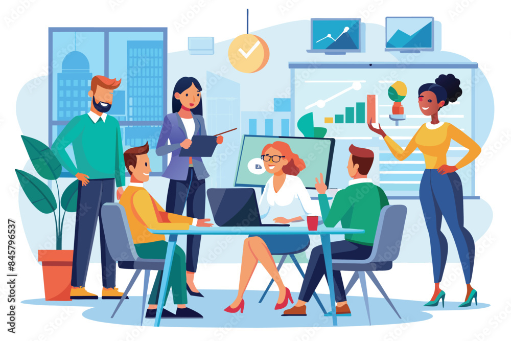 A diverse team of business professionals collaborates during a meeting in an office. They are engaged in conversation and working together on a project. A diverse team of business professionals collaborates during a meeting in an office. They are engaged in conversation and working together on a project.