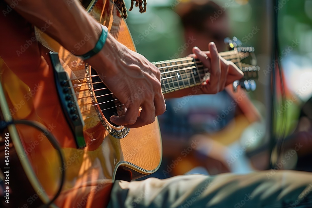 Fototapeta premium acoustic guitarist performing on mini festival stage live music concert photo