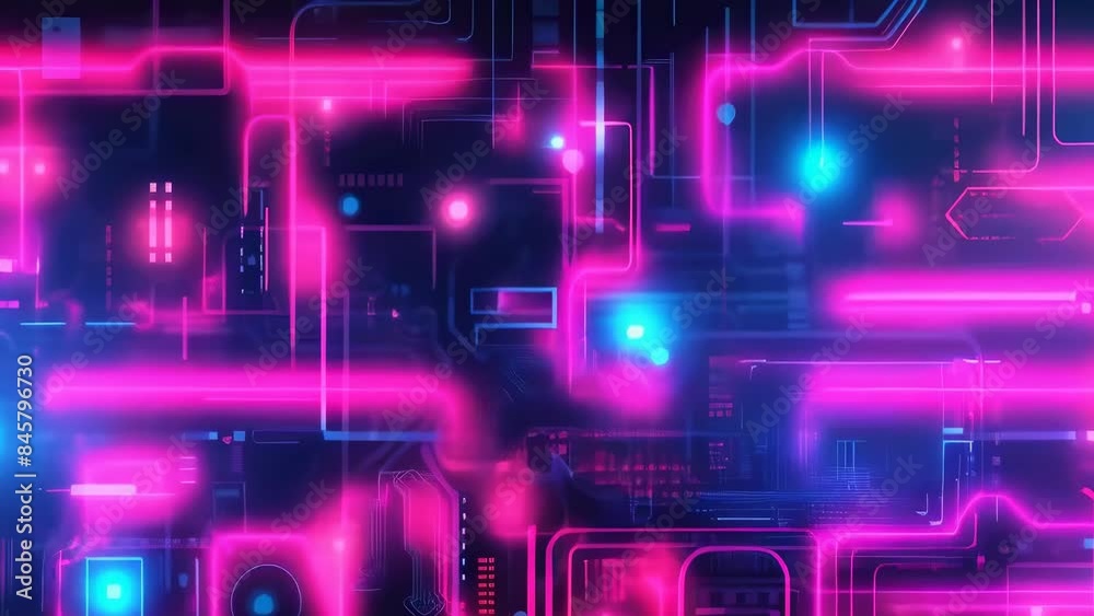 The image depicts a futuristic circuit board with glowing red and blue ...