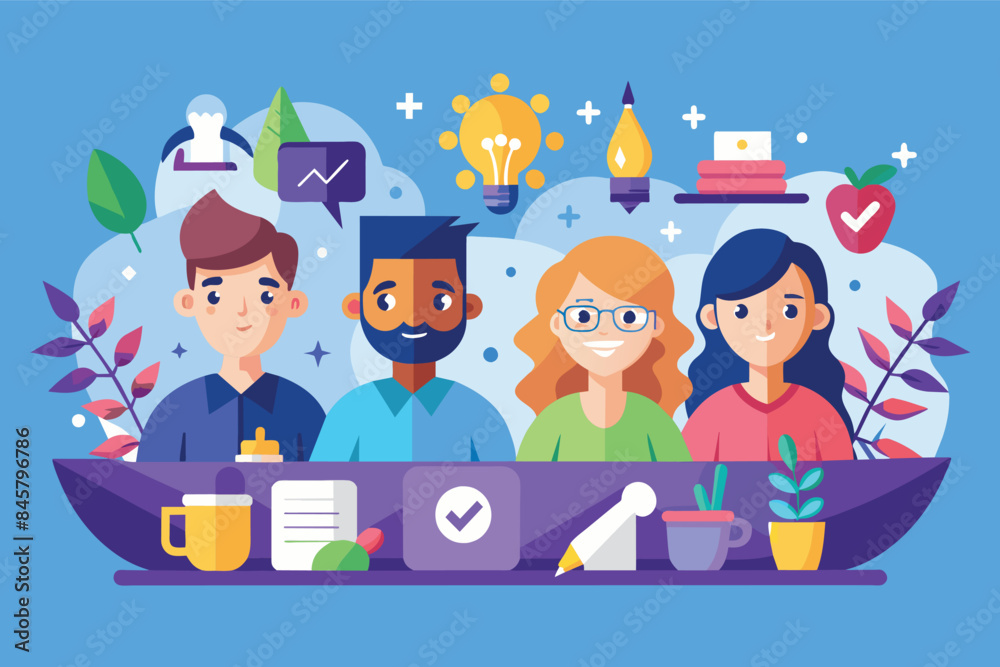 A diverse team of four people collaborates on a project, showcasing teamwork, creativity, and success. A diverse team of four people collaborates on a project, showcasing teamwork, creativity, and success.