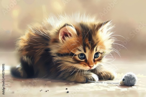 adorable fluffy kitten playing with toy mouse cute baby cat portrait illustration