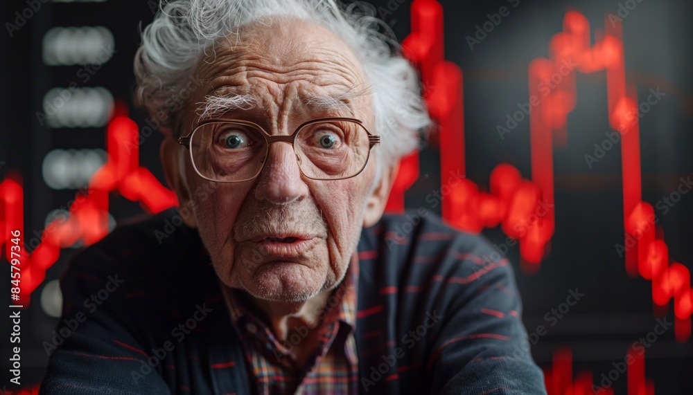 Elderly man with shock at red market graphs Elderly man with shock at red market graphs