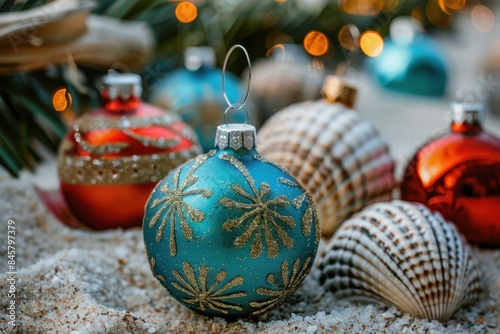 Christmas ornaments and seashells on a sandy beach with bokeh lights.