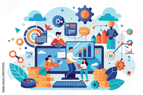 An illustration of a business team working together on a data analytics project, analyzing charts and graphs on a large computer screen.