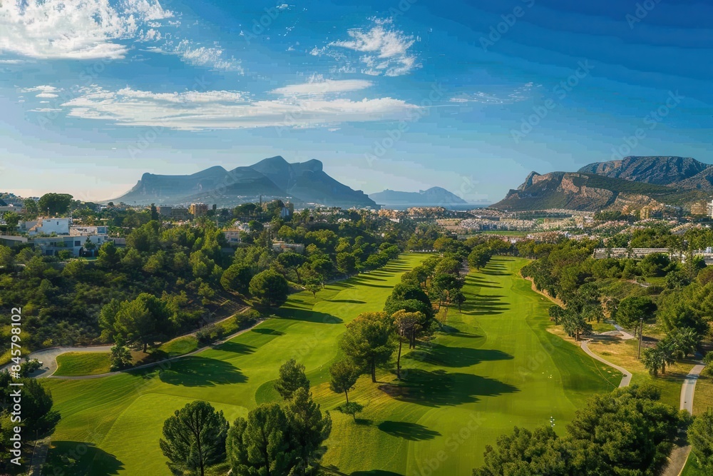 Naklejka premium aerial view of beautiful green golf course fairway in albir alicante spain on sunny day