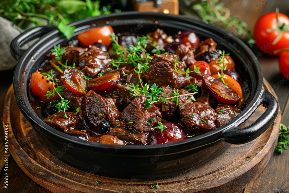 Beef stew with plums in red wine sauce