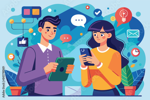 An illustration of a man and woman using digital devices in a modern workplace setting. The man is holding a tablet and the woman is holding a smartphone.