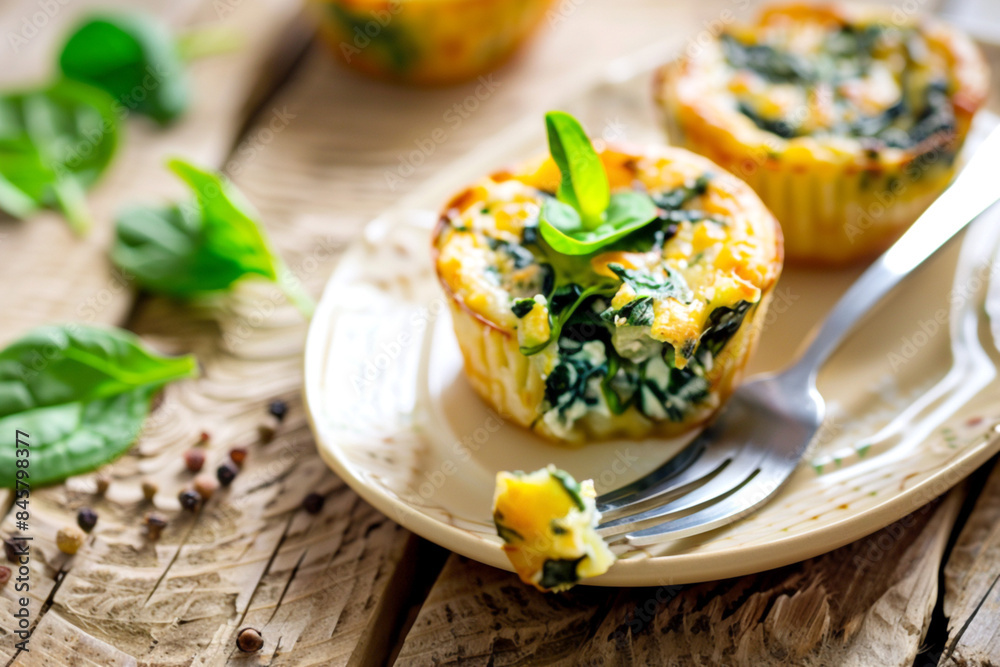 Spinach quiche with flaky crust, creamy filling on wooden background Spinach quiche with flaky crust, creamy filling on wooden background