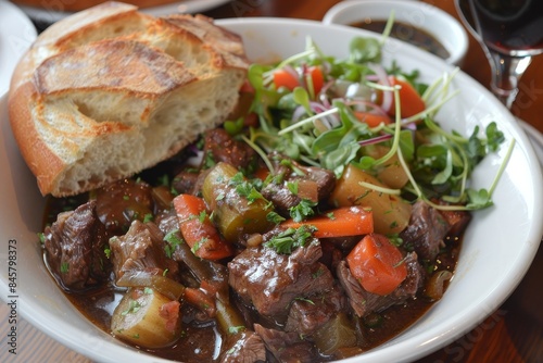 Beef stew with side salad and bread