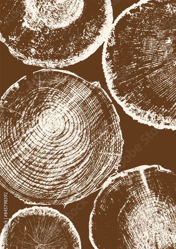 Wood annual rings texture. Template with tree ring pattern. Sections of round tree trunks. Vector image.