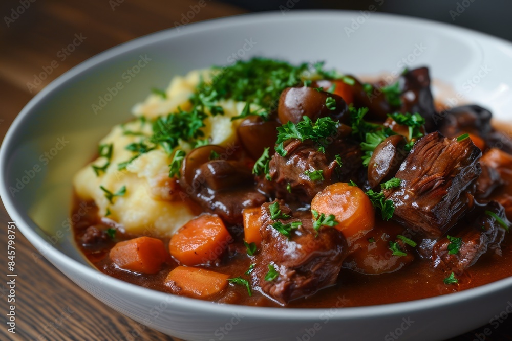 Beef stew with vegetables topped with herbs served with cornmeal mush Beef stew with vegetables topped with herbs served with cornmeal mush