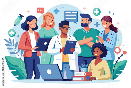 A group of diverse healthcare professionals, including doctors, nurses, and medical assistants, are working together in a modern clinic, demonstrating teamwork and collaboration in the medical field.