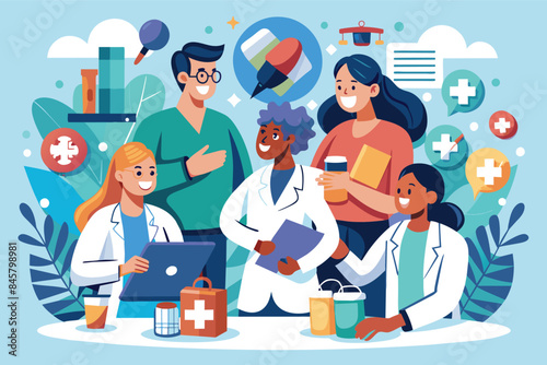 An illustration depicting four diverse healthcare professionals working together in a modern office setting.