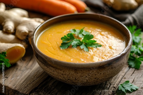 Carrot soup with ginger parsley garnish rustic wood background focused blurred background