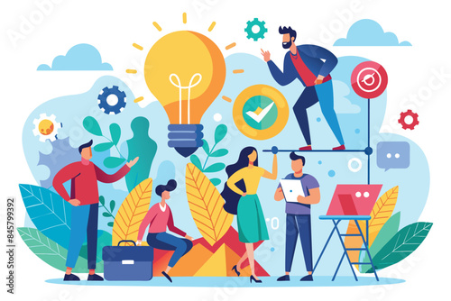 An illustration depicting a team of individuals working together, collaborating and supporting each other to reach a common goal represented by a lightbulb.