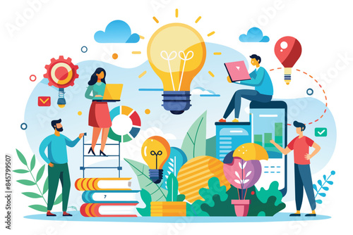 An illustration depicting people working together on a project, brainstorming new ideas, and using technology to collaborate.