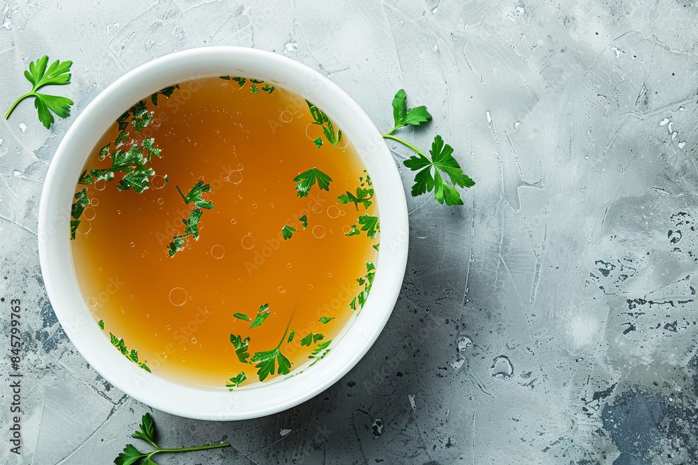 Chicken bone broth and parsley in a white bowl top view with copy space Chicken bone broth and parsley in a white bowl top view with copy space