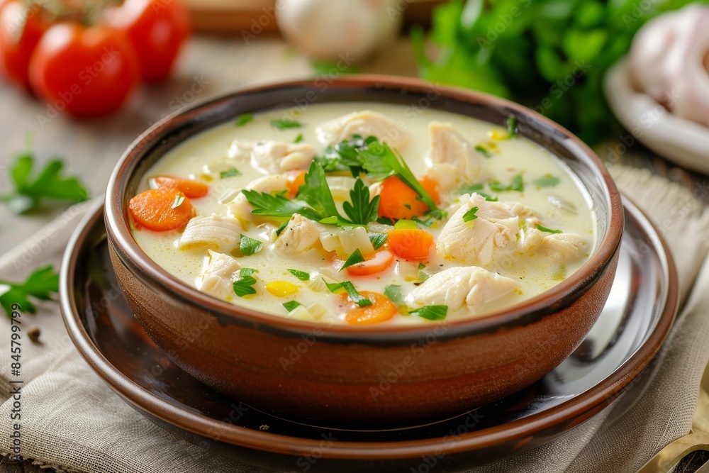 Chicken and vegetable cheese soup on a plate