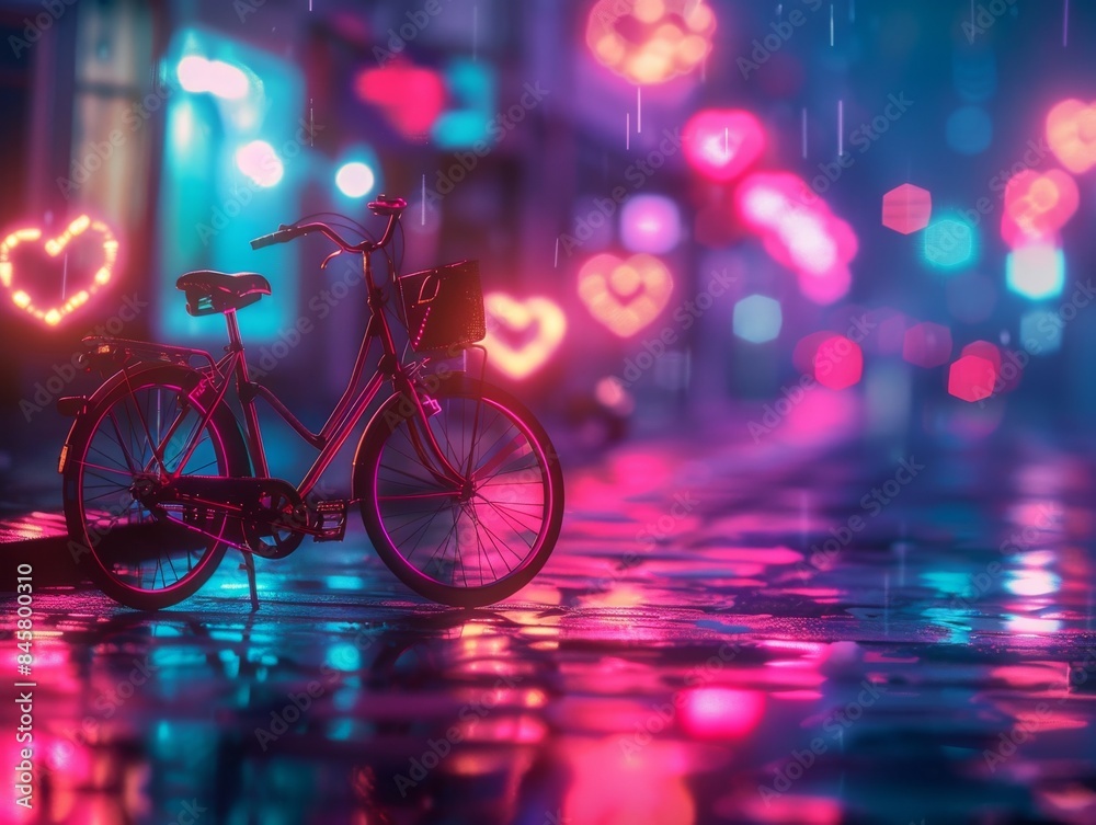 Bicycle in mysterious, high-contrast night scene with cool tones, captured with telephoto lens. Bicycle in mysterious, high-contrast night scene with cool tones, captured with telephoto lens.