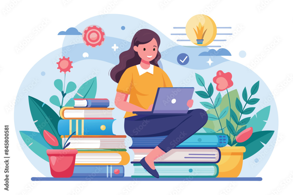 A woman sits on a stack of books using a laptop. An illustration with a cheerful theme. A woman sits on a stack of books using a laptop. An illustration with a cheerful theme.