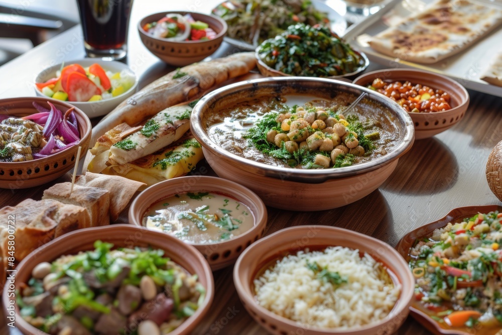 Many bowls of food on a table with bread, arabic traditional meal Many bowls of food on a table with bread, arabic traditional meal