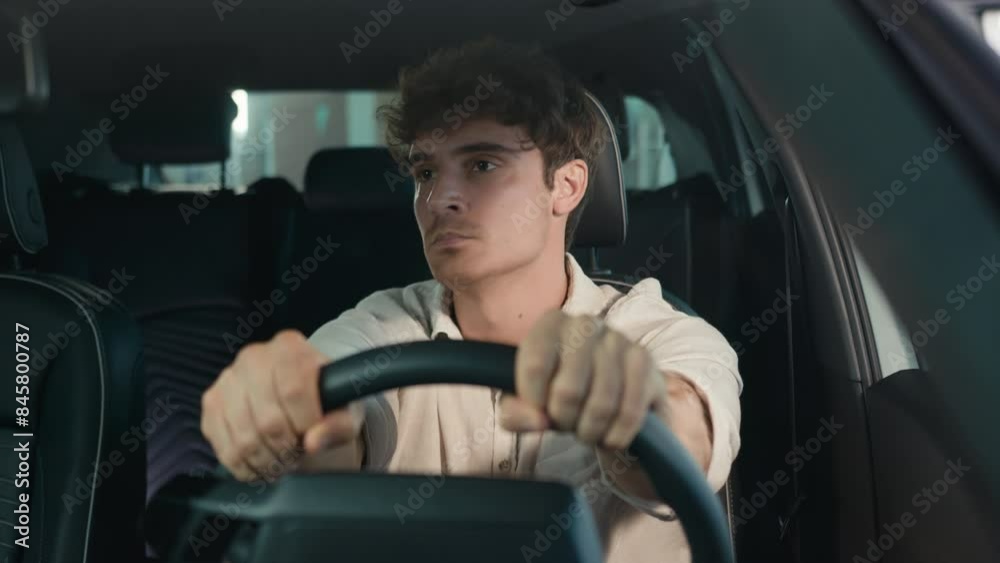 Frustrated stressed worried irritated angry Caucasian driver worry about traffic jam lateness business failure relationship breakup auto broken lost man problem sit in car automobile driving trouble
