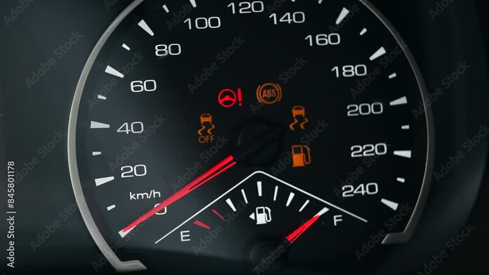 Dashboard with full gas tank arrow indicator. Full fuel tank concept. Dashboard with full gas tank arrow indicator. Full fuel tank concept.