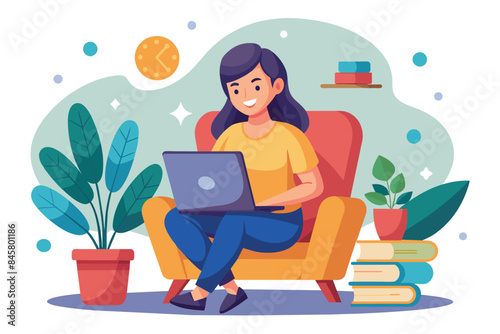An illustration of a smiling woman working on a laptop while sitting in a comfortable armchair at home. She is surrounded by plants and books, suggesting a cozy and productive workspace.