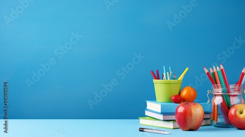 Vibrant back to school concept: array of school office supplies arranged neatly on a desk, offering ample copy space for text or graphics