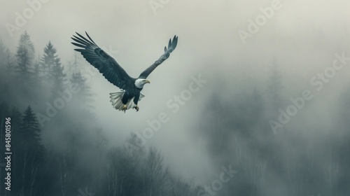 A bald eagle flying over foggy forest mountain in sky in wild.