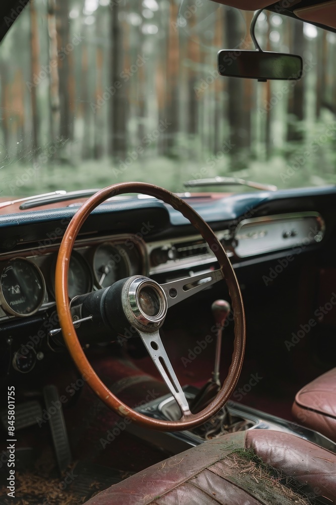 Interior of classic Muscle Car with leather steering wheel. Forest background, natural sunlight. Interior of classic Muscle Car with leather steering wheel. Forest background, natural sunlight.