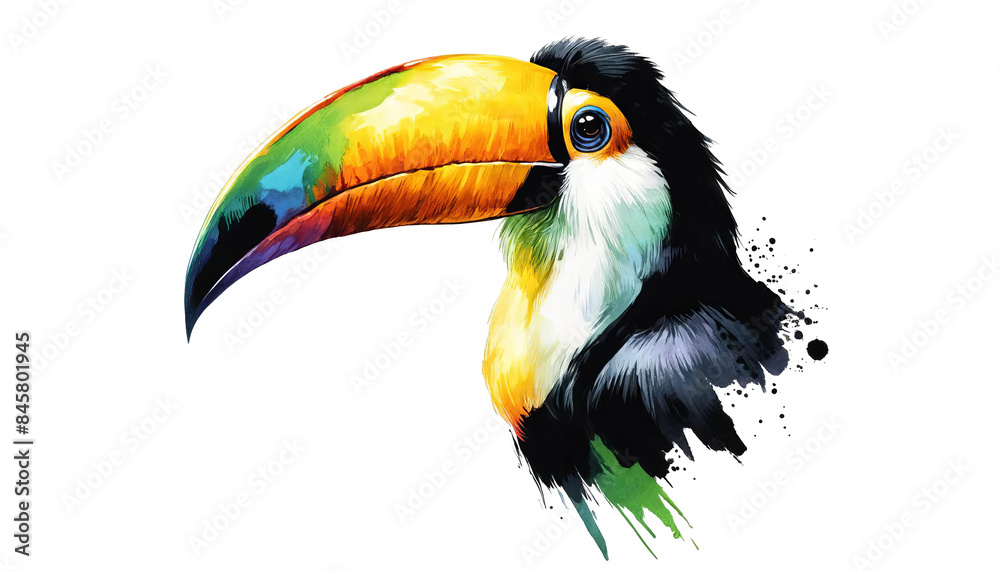 Obraz premium Colorful Toucan Head Watercolor Painting Isolated on White Background, PNG File