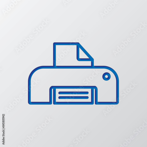 Printer, print simple icon. Flat design. Paper cut design. Cutted blue symbol with shadow. Gray background