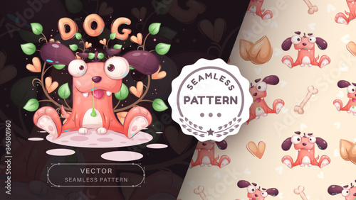 Cartoon character animal dog pug snot - seamless pattern
