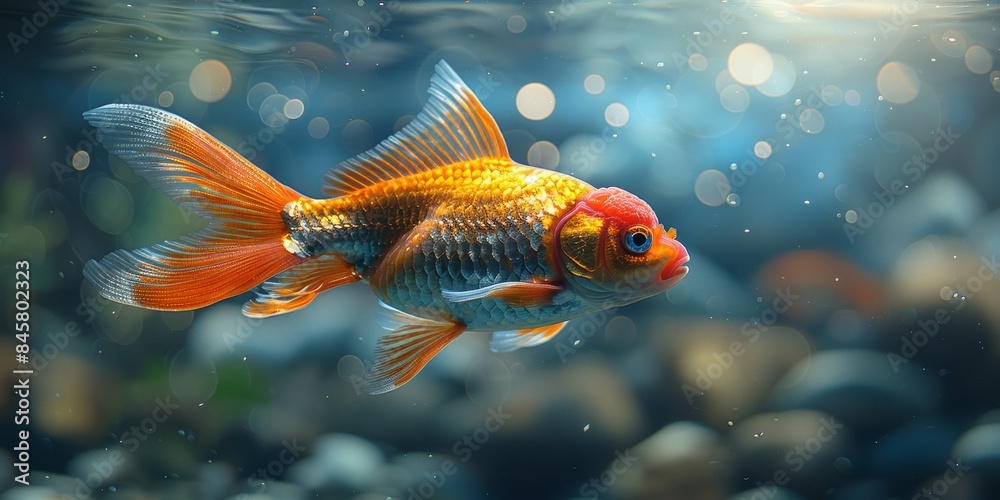 A goldfish with a red head swims gracefully, showing its colors and sleek fins A goldfish with a red head swims gracefully, showing its colors and sleek fins
