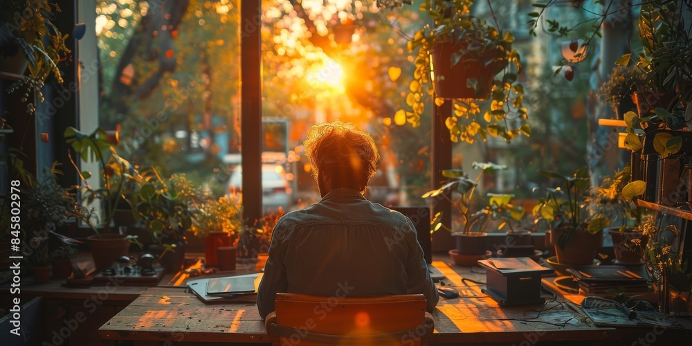 A man is sitting at a desk, gazing at the bright sun shining through the window A man is sitting at a desk, gazing at the bright sun shining through the window