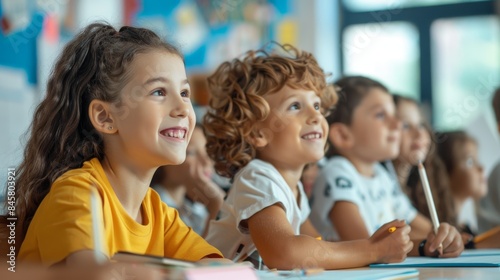 primary elementary school group of children studying in the classroom. learning and sitting at the desk. young cute kids smiling, high quality photo
