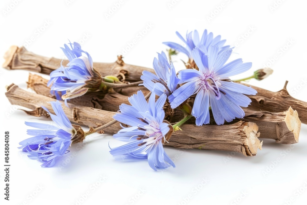 Chicory root and flowers isolated on white background blue chicory ...