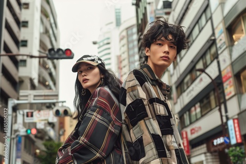 Young Japanese couple posing with plaid jackets in the street, streetwear, fashion editorial photography