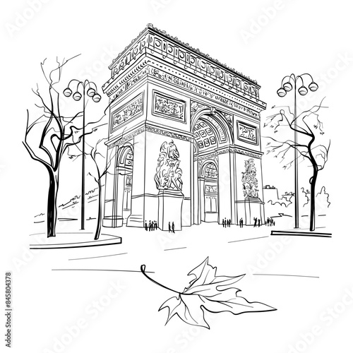 Black and white Arc de Triomphe in Paris, France, showcasing its carvings and surrounding trees