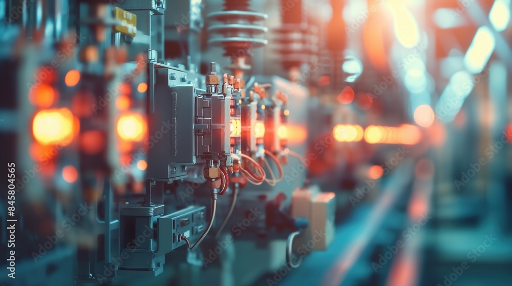 Fototapeta premium Sunlight hitting low voltage switchgear top view in a power plant with blurred background digital