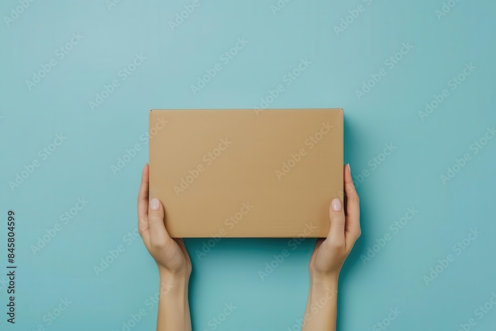 brown cardboard parcel box held in female hands on light blue packaging mockup brown cardboard parcel box held in female hands on light blue packaging mockup
