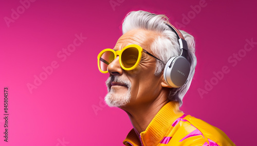 senior man wearing headphones and pink top with sunglasses and glasses. Fun trendy senior man in outrageous clothing © MD Media