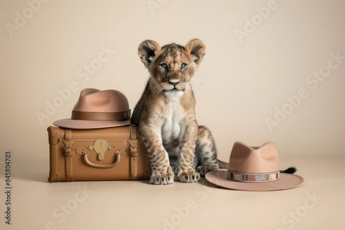 A cute lion cub tourist sits beside a suitcase with two hats