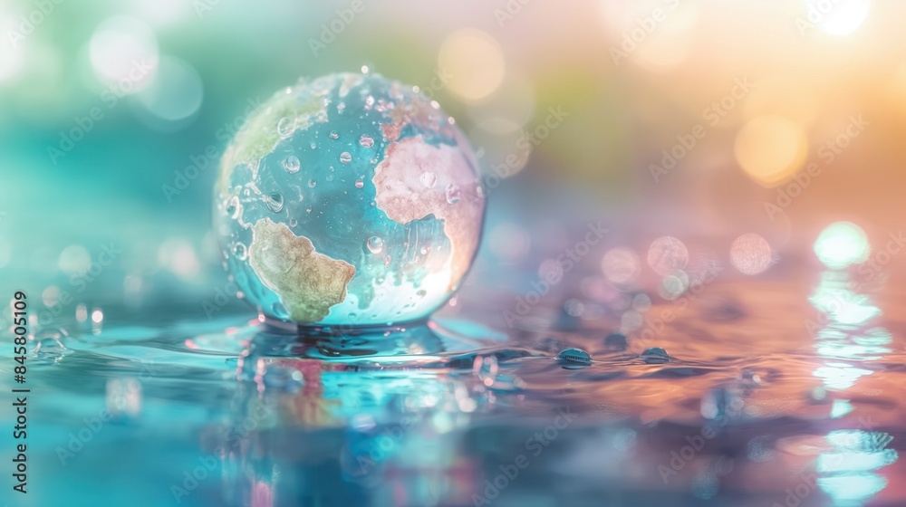 Saving water for the world, environmental protection concept, Earth globe with water droplets, vibrant colors and ecofriendly symbols, blurred background Saving water for the world, environmental protection concept, Earth globe with water droplets, vibrant colors and ecofriendly symbols, blurred background