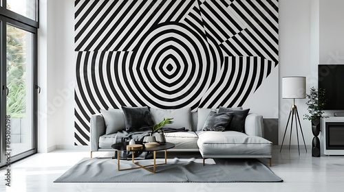 A minimalist black and white geometric pattern wall art in a modern living room