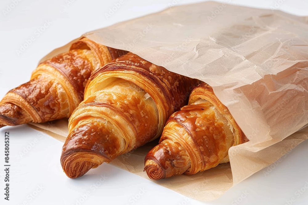 Freshly baked croissants on white parchment paper shine with a golden hue, invoking a sense of warmth and breakfast delights Freshly baked croissants on white parchment paper shine with a golden hue, invoking a sense of warmth and breakfast delights