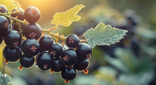 Branch of black currants in nature background.